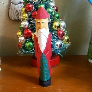 Vintage Handcarved Wooden Tall Stick Santa Decor w/ Bell